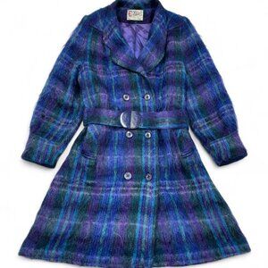 D'Allairds Mohair Wool Blue Purple Belted Vintage Coat Jacket Tartan Women's 10